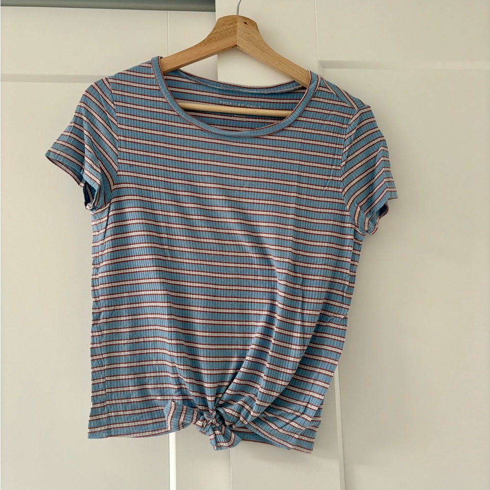 American Eagle Outfitters Blue and White Striped Knot-Front Tee
